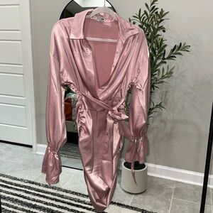Pink satin long sleeve dress